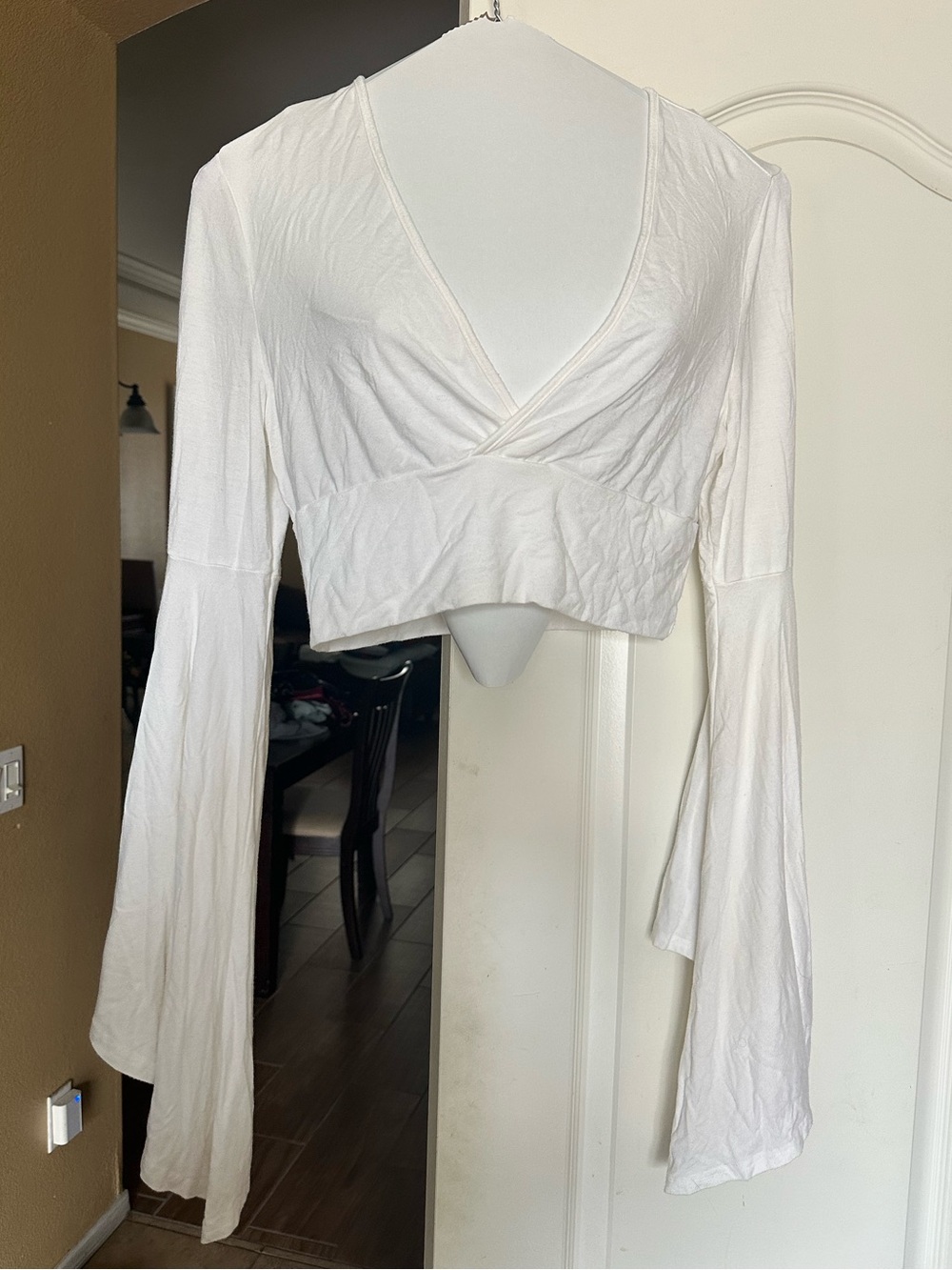 White Wrap-Front Cropped Bell Sleeve Top